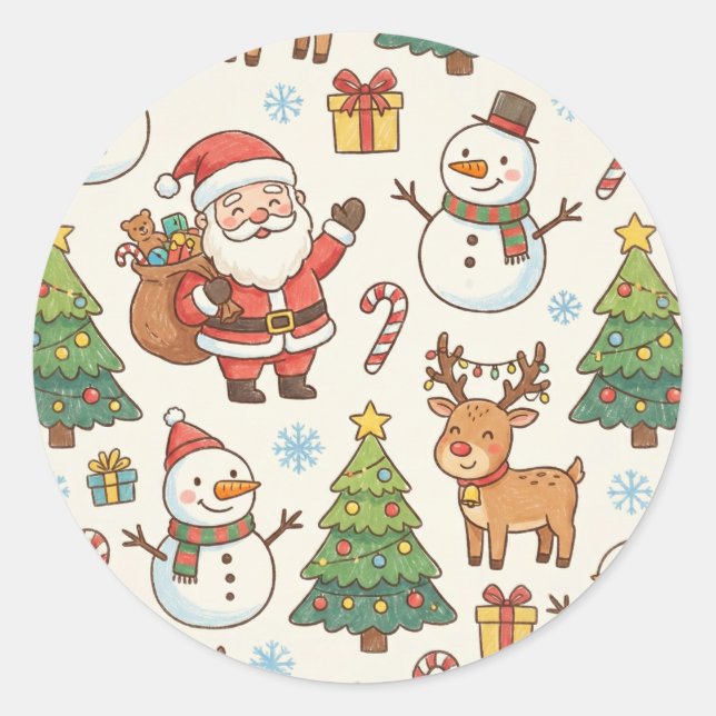 Cute Round Christmas Sticker - Santa, Snowman, Rei (Devant)