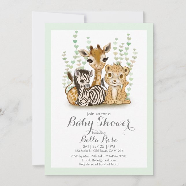 Cute Safari Animal Green Baby shower Invitation (Devant)