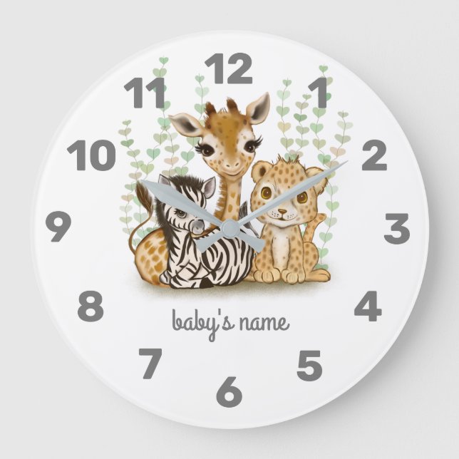 Cute Safari Animal Nursery Décor Horloge Mur (Recto)