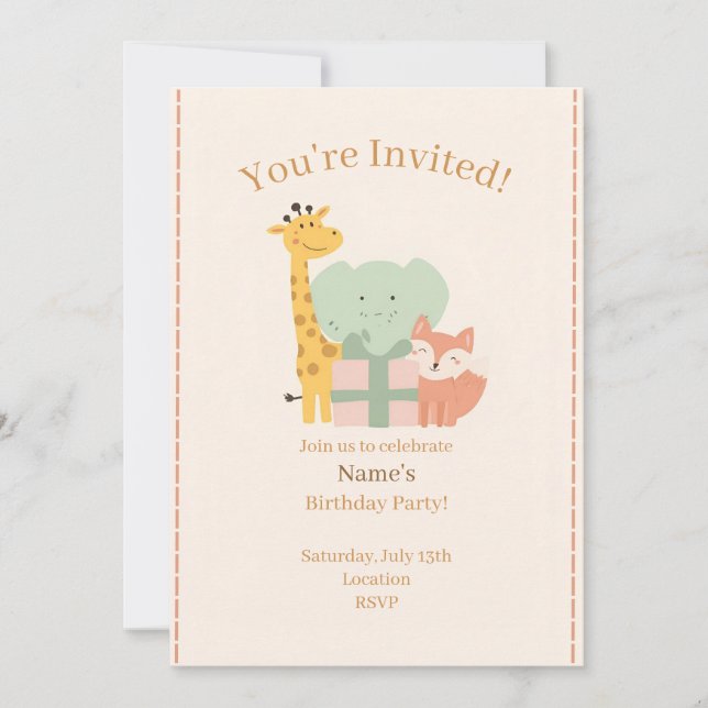 Cute Safari Animals Kids Birthday Invitation Card (Devant)