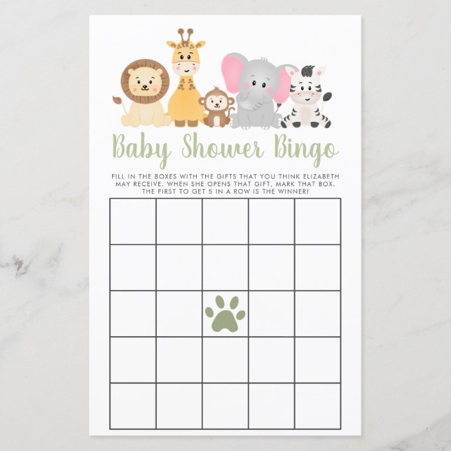 Cute Safari Animaux Baby shower Bingo Jeu (Devant)