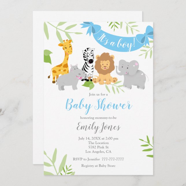Cute Safari Animaux Baby shower Boy Invitation (Devant / Derrière)