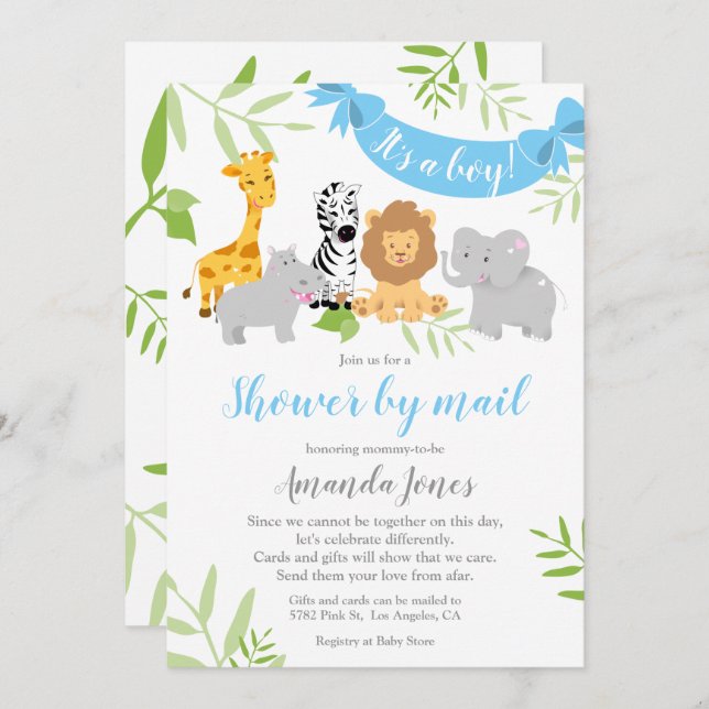 Cute Safari Animaux Baby shower Boy Invitation (Devant / Derrière)