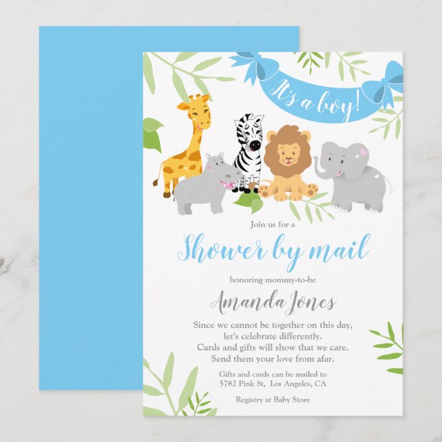 Cute Safari Animaux Baby shower Boy Invitation (Devant / Derrière)