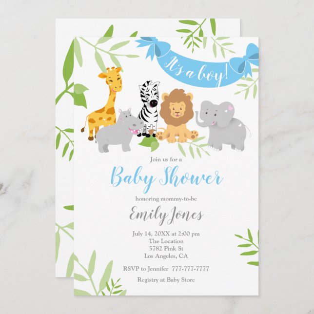 Cute Safari Animaux Baby shower Boy Invitation (Devant / Derrière)