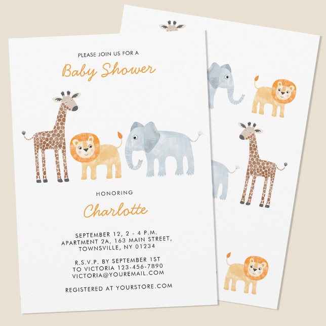 Cute Safari Animaux Baby shower Invitation (Cute watercolor safari animal lion elephant giraffe personalized baby shower invitation)
