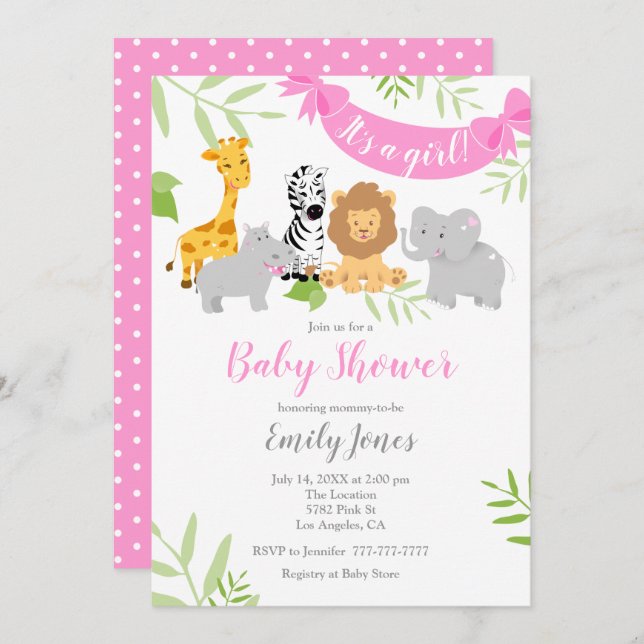 Cute Safari Animaux Baby shower Invitation fille (Devant / Derrière)