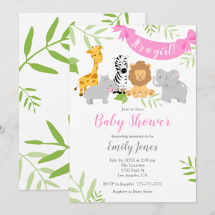 Cute Safari Animaux Baby shower Invitation fille