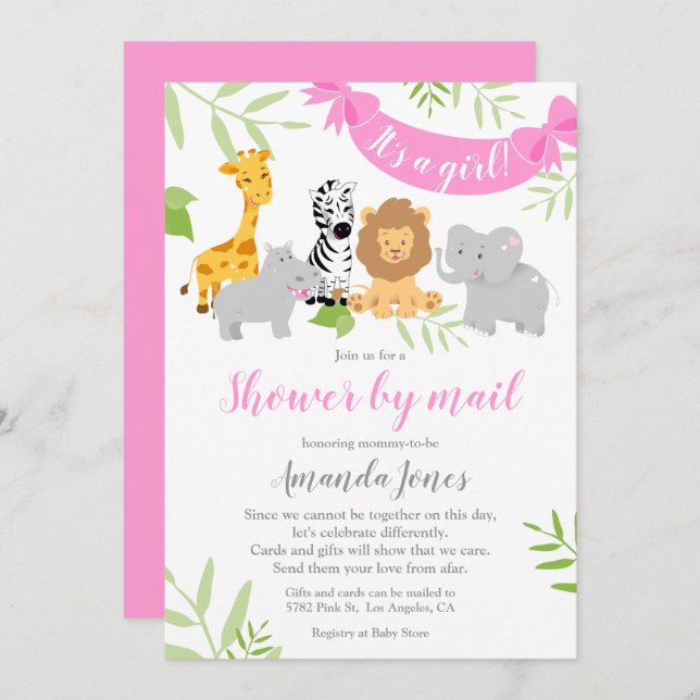 Cute Safari Animaux Baby shower Invitation fille (Devant / Derrière)