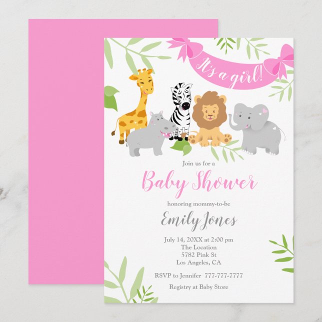 Cute Safari Animaux Baby shower Invitation fille (Devant / Derrière)