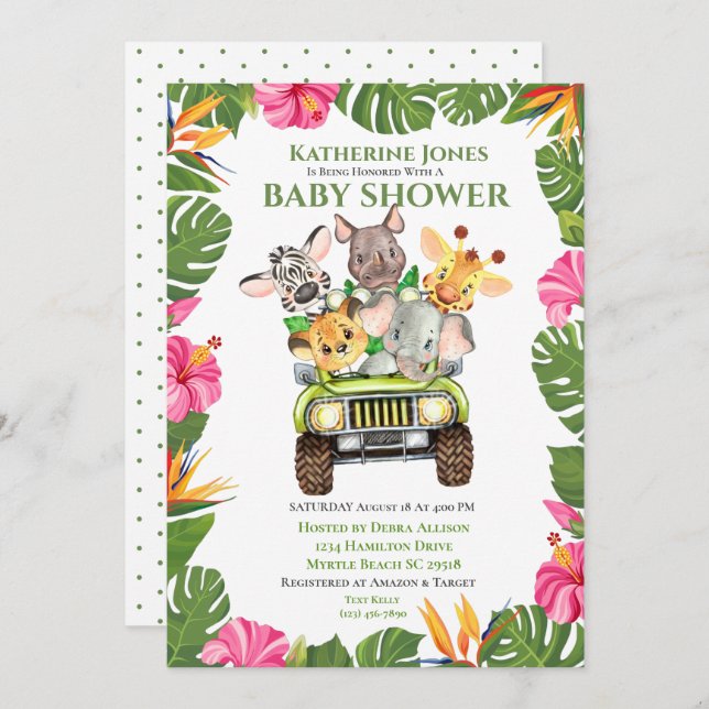 Cute Safari Jungle Animaux Baby shower Invitation (Devant / Derrière)