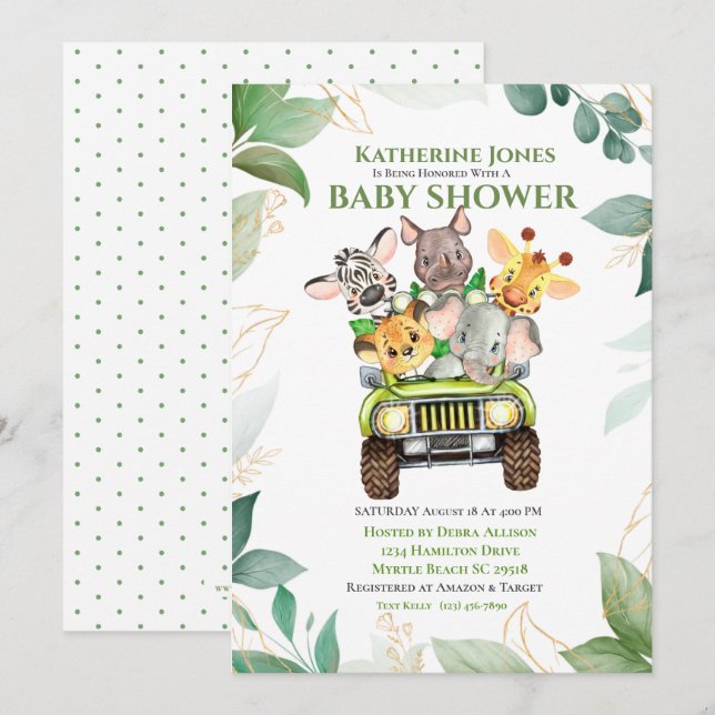 Cute Safari Jungle Animaux Baby shower Invitation (Devant / Derrière)