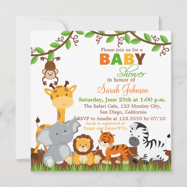 Cute Safari Jungle Animaux Baby shower Invitation (Devant)