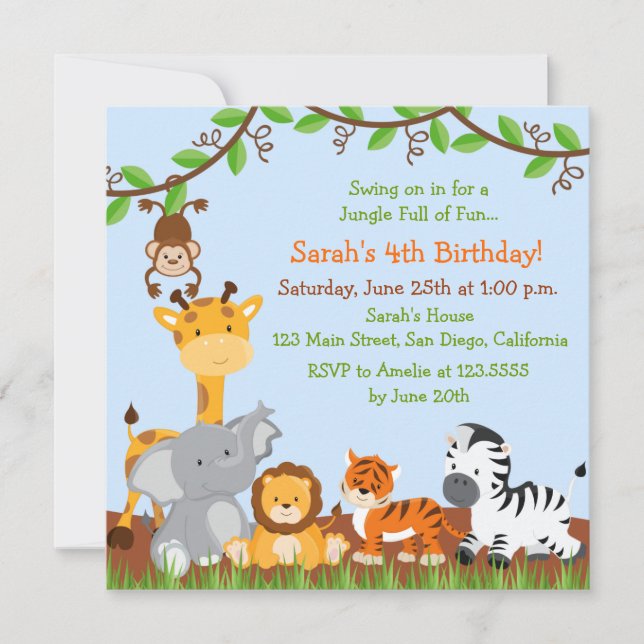 Cute Safari Jungle Anniversaire Invitations (Devant)