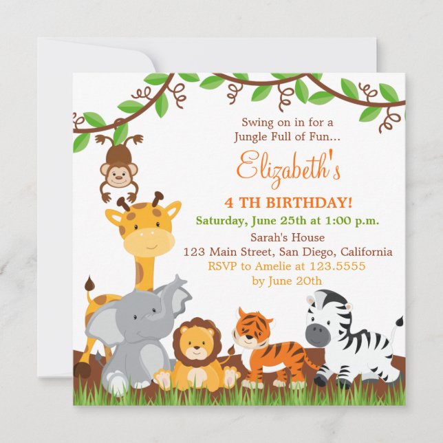 Cute Safari Jungle Anniversaire Invitations (Devant)