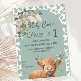 Cute Sage Green Farm Vache Sainte Invitation Anniv