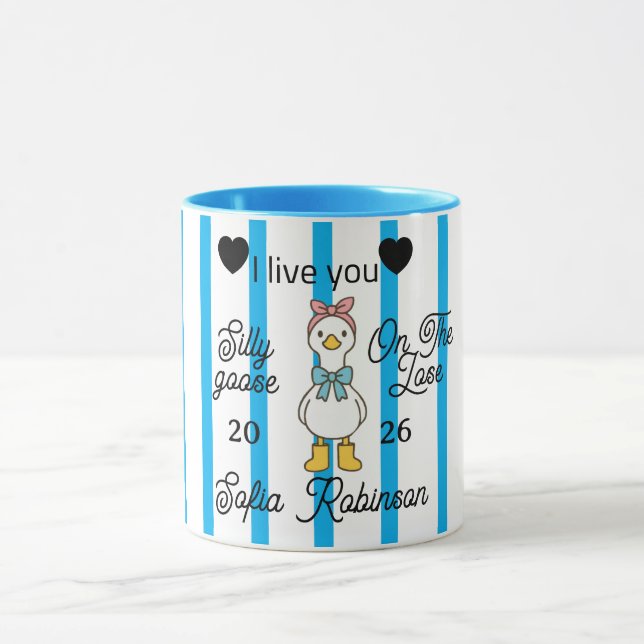 Cute Silly Goose Pink Stripe Personalized Mug (Centre)