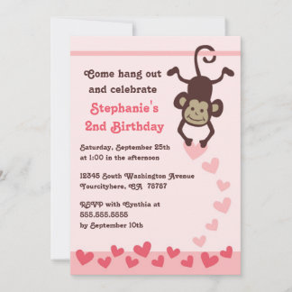 Cute singe coeurs invitation à la fête d'anniversa