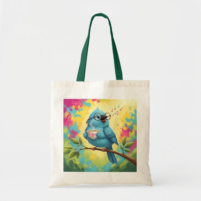 Cute Singing Blue Bird Tote Bag | Cozy Coffee Love (Devant)
