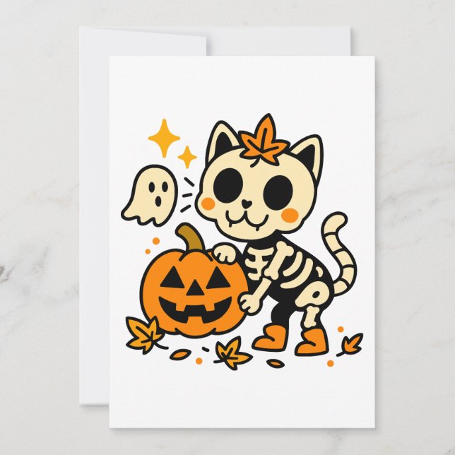 Cute Skeleton Cat with Pumpkin Invitation (Devant)