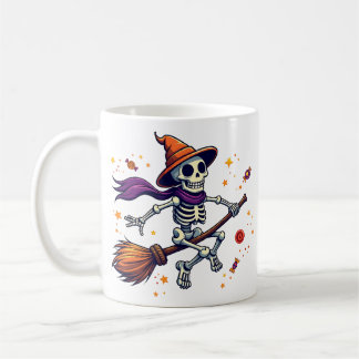 Cute Skeleton Riding Broom Halloween Mug