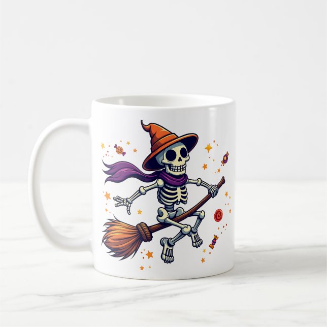 Cute Skeleton Riding Broom Halloween Mug (Gauche)