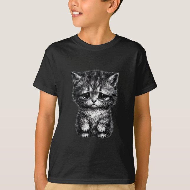 Cute Sketch Feline Sad Kitten Black Kids' T-Shirt (Devant)