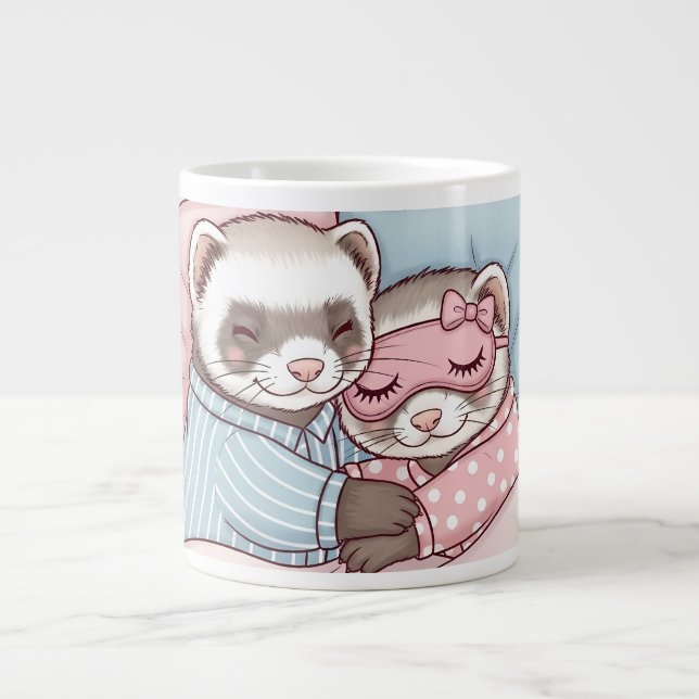 Cute Sleeping Ferret Couple in Pajamas Love Mug (Devant)