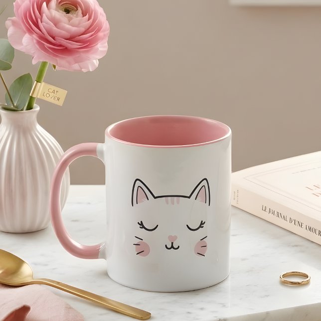 Cute Sleepy Kitty Face Pink & White Mug (Créateur téléchargé)