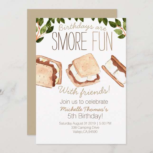 Cute smores camping enfant invitation d'anniversai (Devant / Derrière)