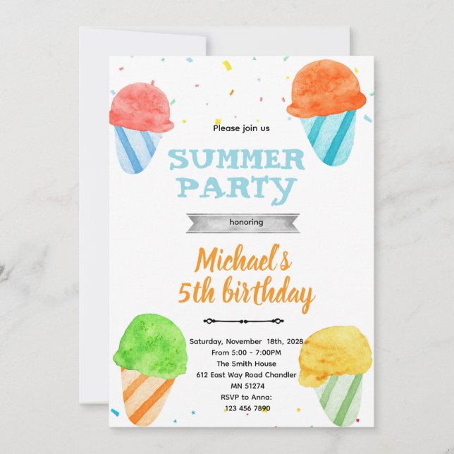 Cute snowcone birthday party invitation (Devant)