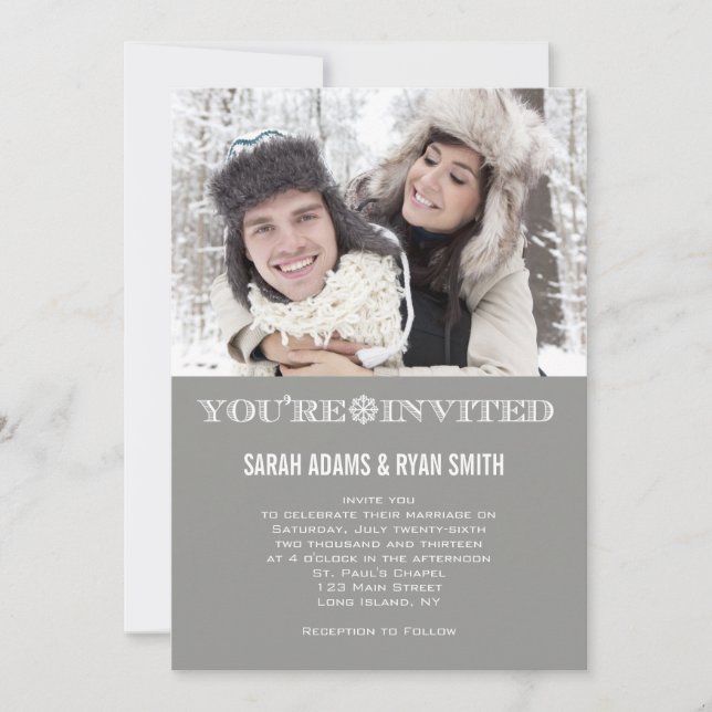 Cute Snowflake Grey Mariage Photo Invitations (Devant)