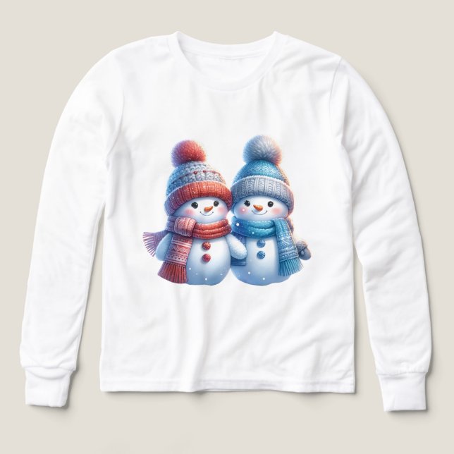 Cute Snowman Couple Winter Illustration T-Shirt (Motif recto)