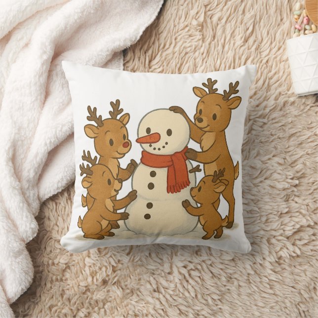 Cute Snowman et Reindeer Coussin d'hiver (Couverture)