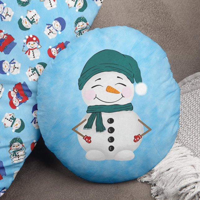 Cute Snowman Scarf Casquette Noël Round Coussin (Créateur téléchargé)
