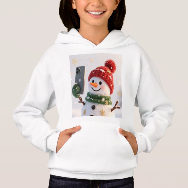 Cute Snowman With Phone Kids Hoodie (Devant)