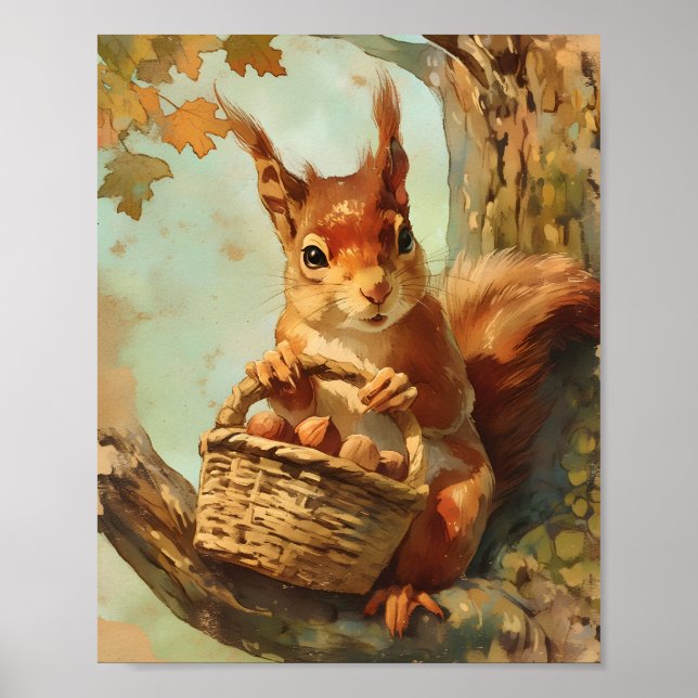 Cute Squirrel Autumn Safari Nursery Art Poster (Devant)