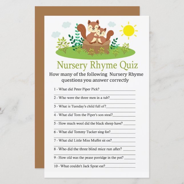 Cute Squirrel Nursery Rhyme Quiz jeu de baby showe (Devant / Derrière)