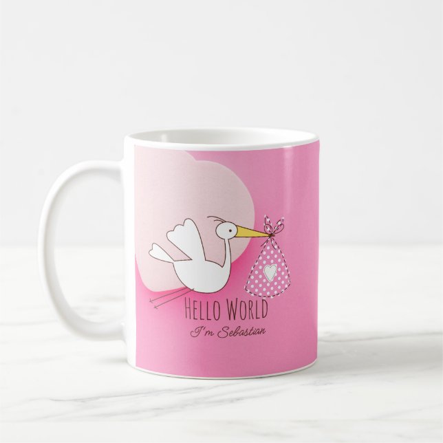 Cute Stork Baby Boy Hello World Sebastian Pink Mug (Gauche)