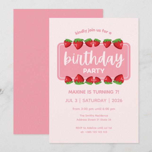 Cute Strawberries rose Anniversaire Invitation (Devant / Derrière)