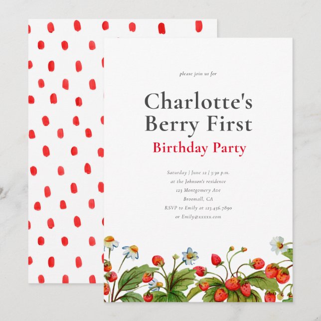 Cute Strawberry First Birthday Party Invitation (Devant / Derrière)