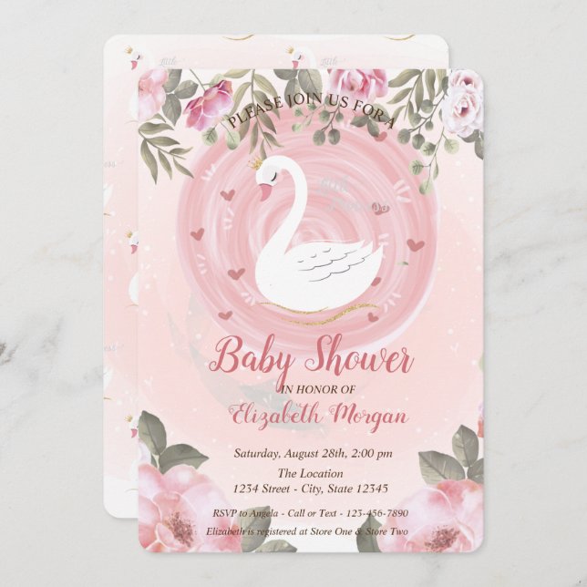 Cute Swan, Floral Baby shower Invitation (Devant / Derrière)
