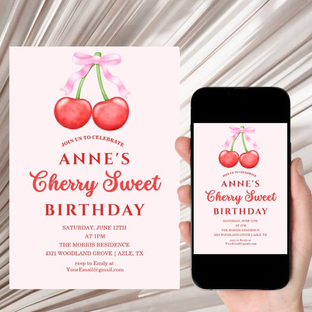 cute Sweet Cherry Birthday Invitation Girl (Créateur téléchargé)