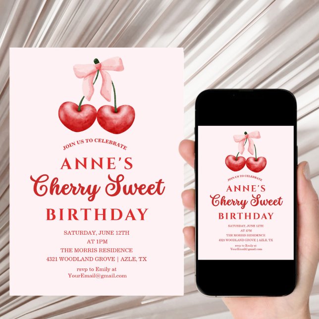 cute Sweet Cherry Birthday Invitation Girl (Créateur téléchargé)