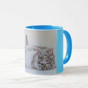 Cute Tabby Chat Jouer Crayon Dessin Mug Bleu