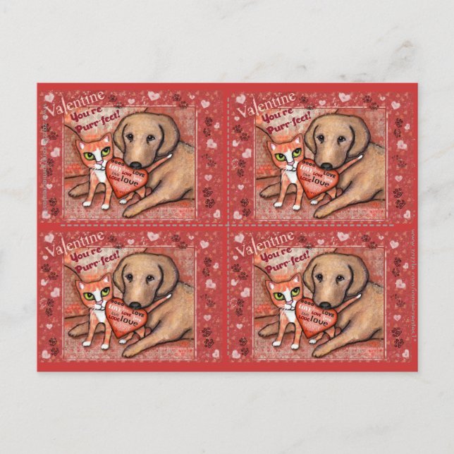 Cute Tabby Chat & Lab Valentines Chien Cartes Plat (Devant)