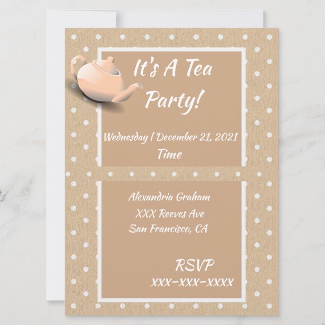 Cute Tea Party Invitation Polka Beige Dot Teapot (Devant)