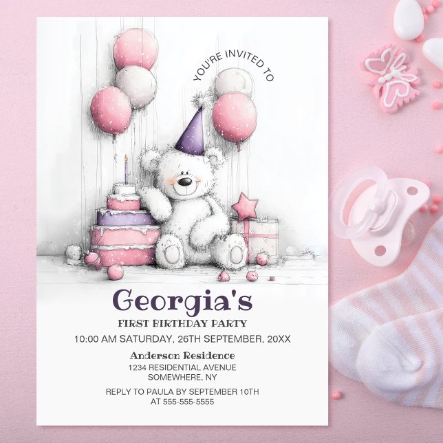 Cute Teddy Bear 1er Anniversaire Fête Invitation (Créateur téléchargé)