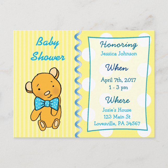 Cute Teddy Bear Baby shower Jaune Invitation (Devant)