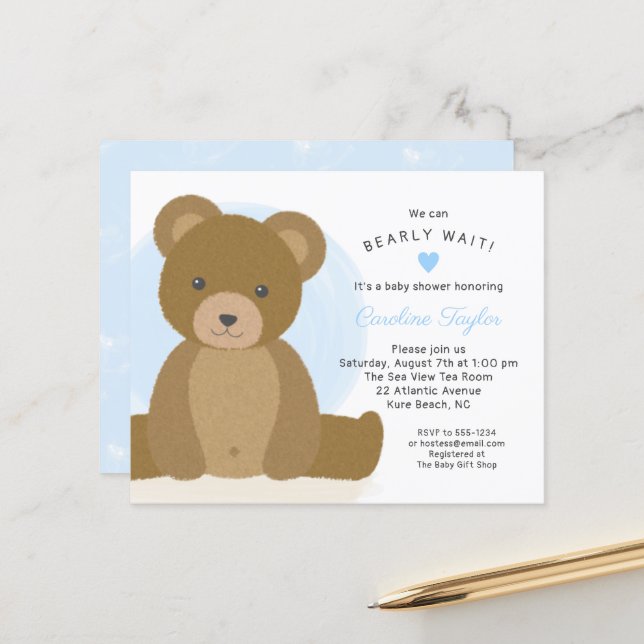 Cute Teddy Bear Blue Heart Boy Baby shower Invitat (Devant/Arrière en situation)